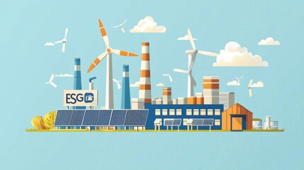 Obraz premium Sustainable Energy Production Facility with Wind Turbines and Solar Panels