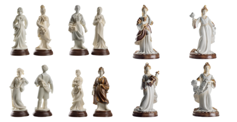 Vintage statues of male and female figures isolated on transparent background