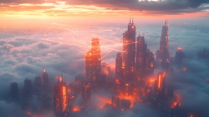 Fototapeta premium A digital city floating above a sea of clouds, with neon threads of communication connecting futuristic buildings. The glowing network creates a web of data in the sky,
