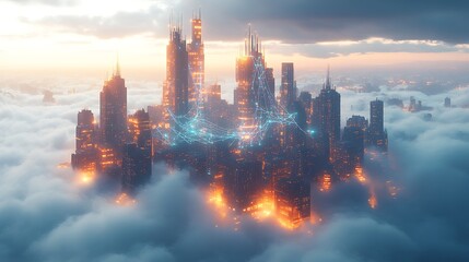 Fototapeta premium A digital city floating in a cloud of mist, glowing threads of light representing communication networks connecting every building. The futuristic metropolis hovers in the sky,