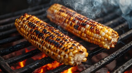 Grilled corn with smoke trails rising in a summer backyard, detailed kernels, grill grates, and soft glowing embers, rich textures of wood and metal