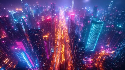 Obraz premium A drone’s view of a high-tech city at night, where data cables and wireless signals crisscross between skyscrapers and roads. The vibrant neon network of communication lights up the urban landscape,
