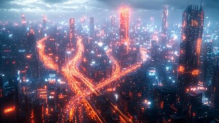 Obraz premium A drone’s-eye view of a bustling smart city, with neon-lit communication networks linking every road, building, and transportation hub. The city is alive with digital energy,
