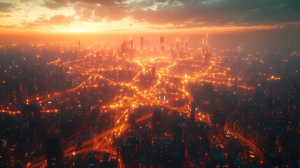 A drone&rsquo;s-eye view of a futuristic city lit up by glowing data cables and wireless signals, connecting every building and transportation hub.