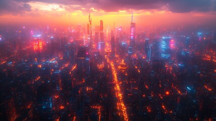 Naklejka premium A drone’s-eye view of a smart city glowing with interconnected data cables and wireless signals. The vibrant network of communication links every building and road,