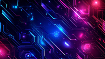 Fototapeta premium Colorful abstract illustration of circuit patterns illuminated by neon blue and pink lights