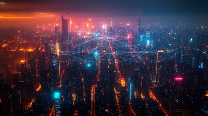 Fototapeta premium A futuristic aerial view of a smart cityscape at night, illuminated by vibrant neon communication lines connecting sleek skyscrapers and advanced transportation systems, reflecting on glass facades.