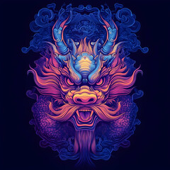 Fototapeta premium Colorful Dragon Head with Smoke and Clouds Illustration