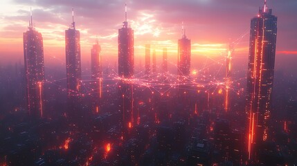 A futuristic city at dusk with towering skyscrapers connected by glowing neon lines representing cloud and wireless networks.
