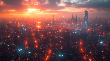 Fototapeta premium A futuristic city at twilight, illuminated by glowing communication lines that pulse with digital energy, connecting skyscrapers and transportation systems.