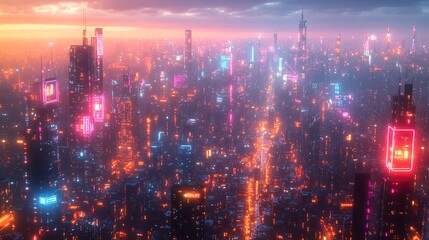 Fototapeta premium A futuristic city filled with activity, with glowing communication lines connecting streets, skyscrapers, and transportation networks.