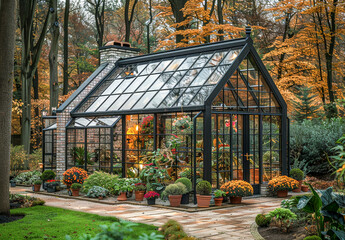 Autumn Serenity in the Glass House: A black-framed greenhouse glows amidst a symphony of fall...