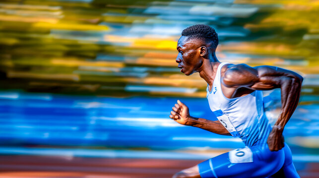 Blurred Motion of a Runner: A powerful athlete streaks across the track, his form a blur of speed and determination. The dynamic composition captures the raw energy and focus of a dedicated runner, 