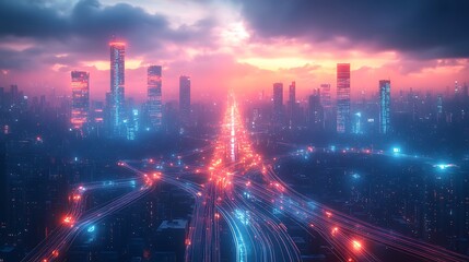 Fototapeta premium A futuristic city glowing with interconnected data networks linking skyscrapers, smart transportation, and homes. The neon pathways create a web of energy and communication,