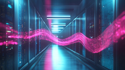 Naklejka premium A digital corridor of servers and vibrant data flow in a futuristic tech facility