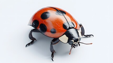 97. A lifelike 3D render of a red and black ladybug with glossy finish, isolated on a pristine white background