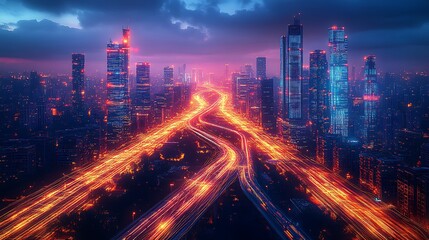 Fototapeta premium A futuristic city illuminated by glowing communication networks connecting elevated highways, smart trains, and sleek glass skyscrapers.