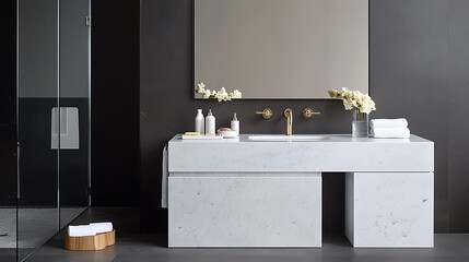 A high-end bathroom with a marble vanity, modern fixtures, and a glass shower, set against a dark background. The image features deep depth of field with sharp focus on the entire space, providing