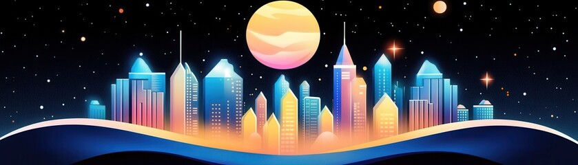 Fototapeta premium A vibrant digital skyline featuring colorful buildings under a glowing moonlight with a cosmic backdrop.