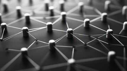 Abstract network of interconnected pins on a black surface.