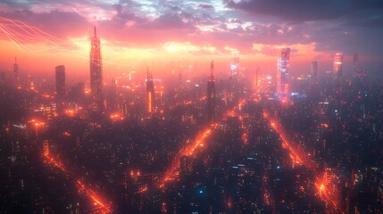 Fototapeta premium A futuristic city pulsing with vibrant data streams, glowing lines of communication and electricity weaving through the streets and high-rise buildings.