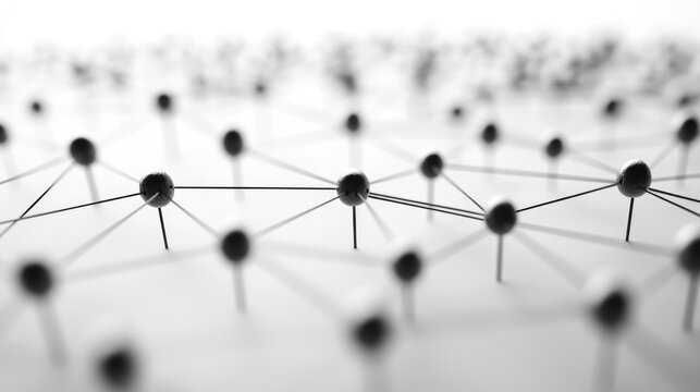 Abstract network of connected black push pins on a white surface.