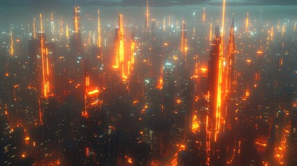 A futuristic city seen from above, glowing with pulsing lights from communication hubs as data flows through the network. The skyline pulses with digital energy,