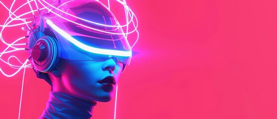 Futuristic Elegance, a stunning female model adorned in a sleek turtleneck dress, complemented by innovative headwear featuring radiant lamps and intricate wiring, exudes modern sophistication.