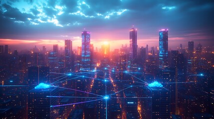 Fototapeta premium A futuristic city skyline with towering high-rises connected by glowing blue and purple lines, symbolizing cloud networks and wireless connectivity. The city pulses with digital energy,
