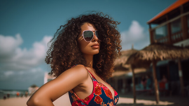 Confident Latin American Woman in High Beach Fashion, Captured in a Vibrant Beach Town as a Strong Entrepreneur