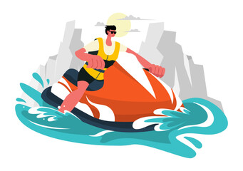 Fototapeta premium Vector Illustration of People Riding Jet Skis with Summer Vacation Recreation and Resort Beach Activities in Flat Extreme Water Sports Background