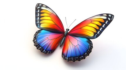 83. A realistic 3D render of a colorful butterfly with detailed wing textures, isolated on a pristine white background
