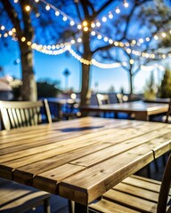 photo wooden table and blurred background of outdoor restaurant with bokeh light	