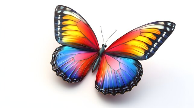 83. A realistic 3D render of a colorful butterfly with detailed wing textures, isolated on a pristine white background