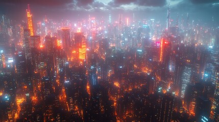 Fototapeta premium A futuristic urban landscape at night, with glowing data cables and wireless signals connecting every building and street. The digital infrastructure pulses with energy,