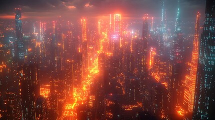 Obraz premium A futuristic urban landscape glowing with interconnected data lines that crisscross between skyscrapers and public spaces.