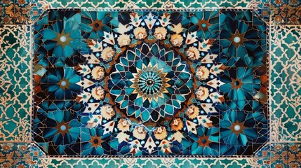 Traditional Persian mosaic wall with geometric ornaments in square frame with colorful ceramic tiles generative ai