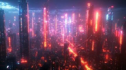 Obraz premium A futuristic urban skyline with glowing data streams connecting mobile devices, homes, and skyscrapers. The city pulses with digital energy as communication lines weave between buildings, hd quality,