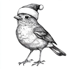 Black and white Vintage engraved art of a Robin with a Christmas Santa hat, isolated on white background, ink sketch illustration, simple vector art design, highly detailed line art, high contrasty
