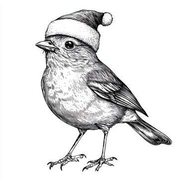 recommend clip art: Black and white Vintage engraved art of a Robin with a Christmas Santa hat, isolated on white background, ink sketch illustration, simple vector art design, highly detailed line art, high contrasty