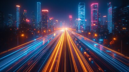 Fototapeta premium A high-tech city at night, with glowing communication networks visibly linking highways, train routes, and skyscrapers. The vibrant neon lines create a digital web across the metropolis,