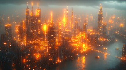 Fototapeta premium A high-tech city controlled by AI, where glowing data circuits visibly connect every structure and transportation system.