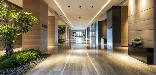 Passageway in a modern commercial building's lobby leading to upscale hotel accommodations.