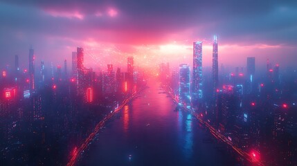 A high-tech cityscape where glowing data streams visibly link mobile devices, homes, and business districts. The digital connections pulse across the skyline,