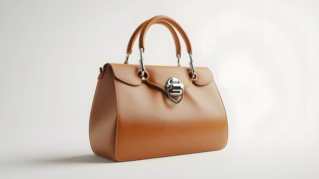 22. A realistic 3D render of a stylish leather handbag with metal clasps, isolated on a pristine white background