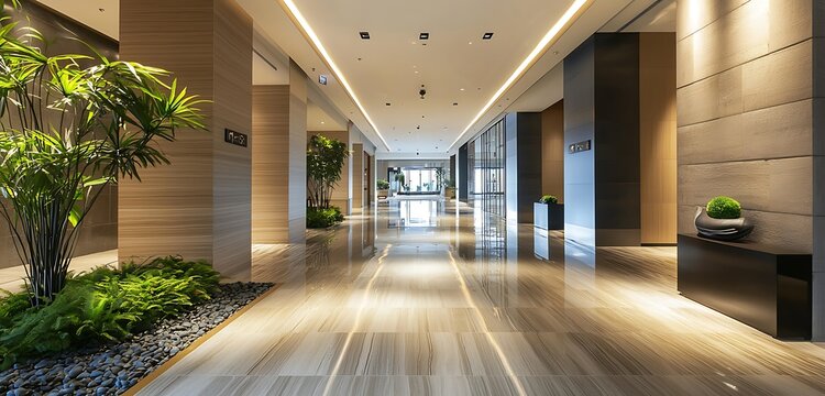 Passageway in a modern commercial building's lobby leading to upscale hotel accommodations.
