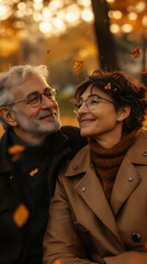 Obraz premium Portrait of a happy senior couple sitting on a bench, autumn park, close-up shot, golden hour lighting, warm tones, relaxed and loving expressions, soft focus on the background with leaves falling