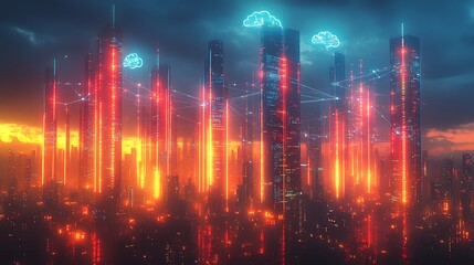 Obraz premium A high-tech skyline with interconnected high-rises, where glowing data streams symbolizing cloud networks and wireless communication link every building.