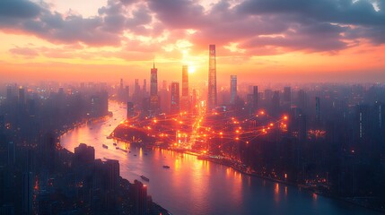 A modern city at twilight, with pulsing neon data streams visibly connecting homes, mobile devices, and businesses. The skyline reflects the glow of the digital network,