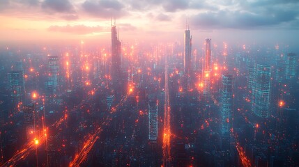 Fototapeta premium A modern city seen from above, glowing with data cables and wireless signals connecting skyscrapers, roads, and digital infrastructure.